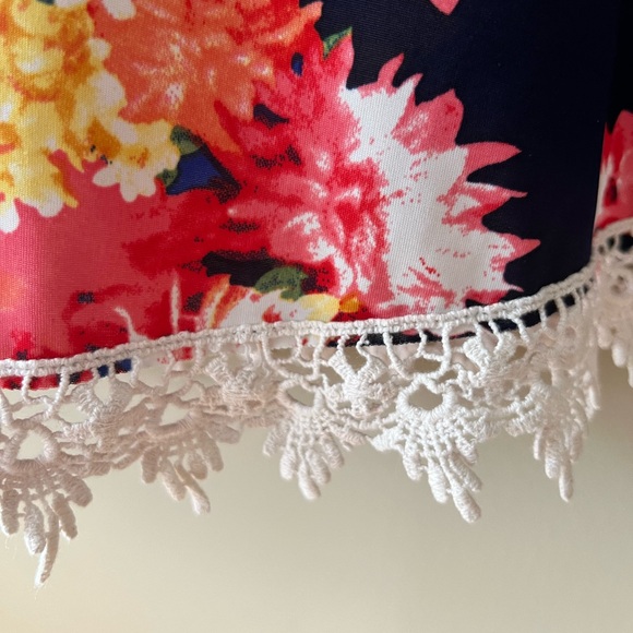 Sweet Wanderer Navy with Bright Coloured Floral Print Tank Top with Crochet Hem - Picture 8 of 11